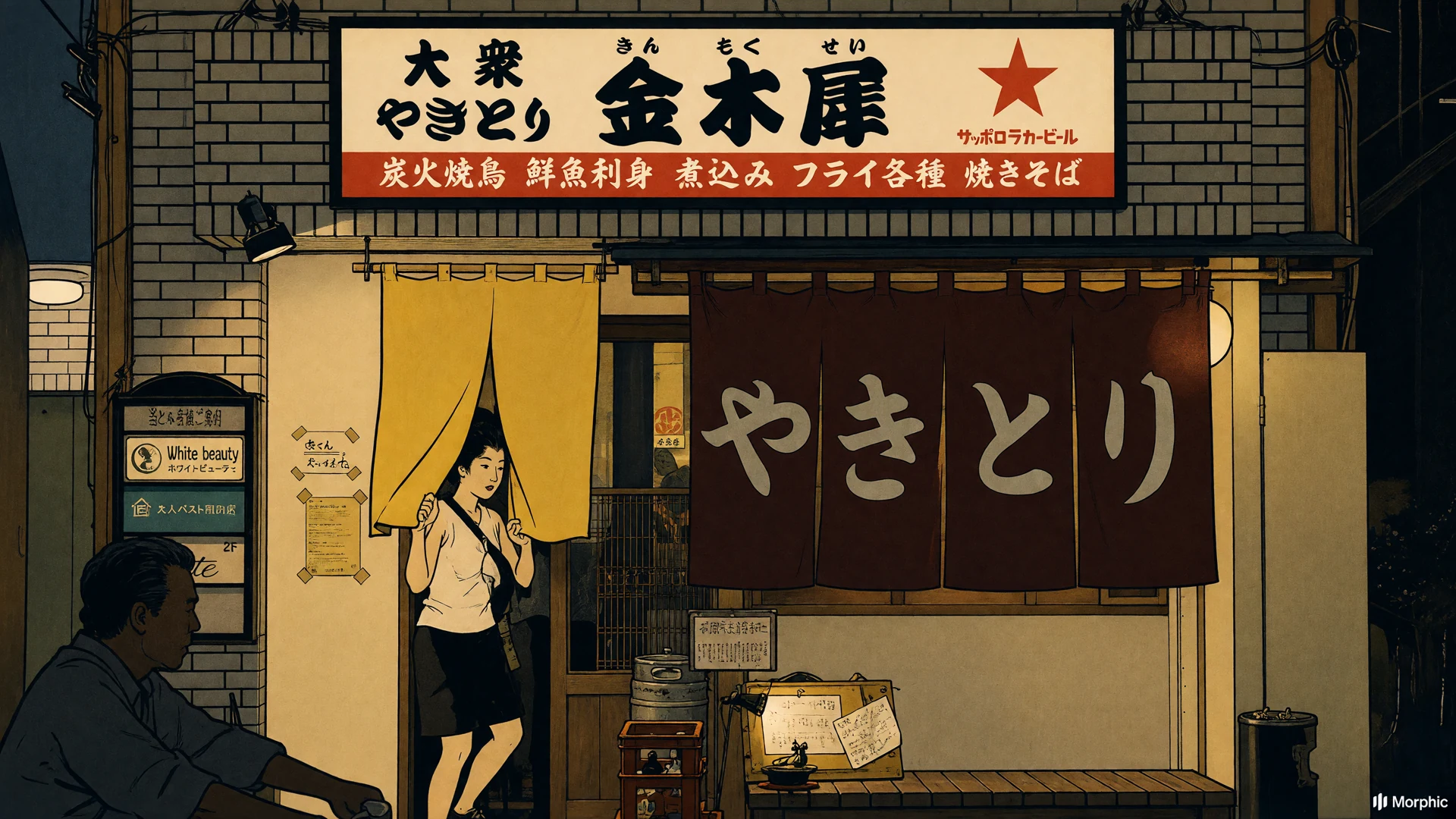 金木犀の暖簾をくぐる人々を描いた浮世絵風のイラスト